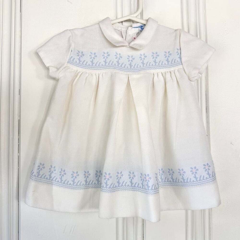 Vintage Smocked Baby Dress, Size 1 (3-6M), White Blue Collared Knit
